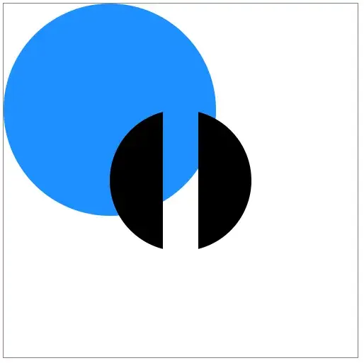 A filled black circle slightly overlapping a filled blue circle. The black
circle has a vertical stripe “cut out” from the middle of it, revealing part of
the blue circle and the white background behind it