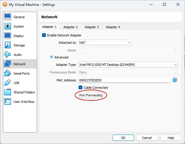 The network settings in VirtualBox. A red annotation circle surrounds the Port
Forwarding button.