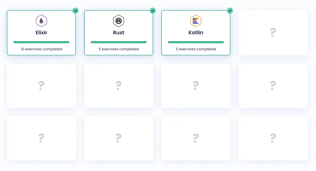 Exercism's #12in23 dashboard. Twelve grid squares are visible. Three are
filled in with Elixir, Rust, and Kotlin. The remaining nine are
empty.