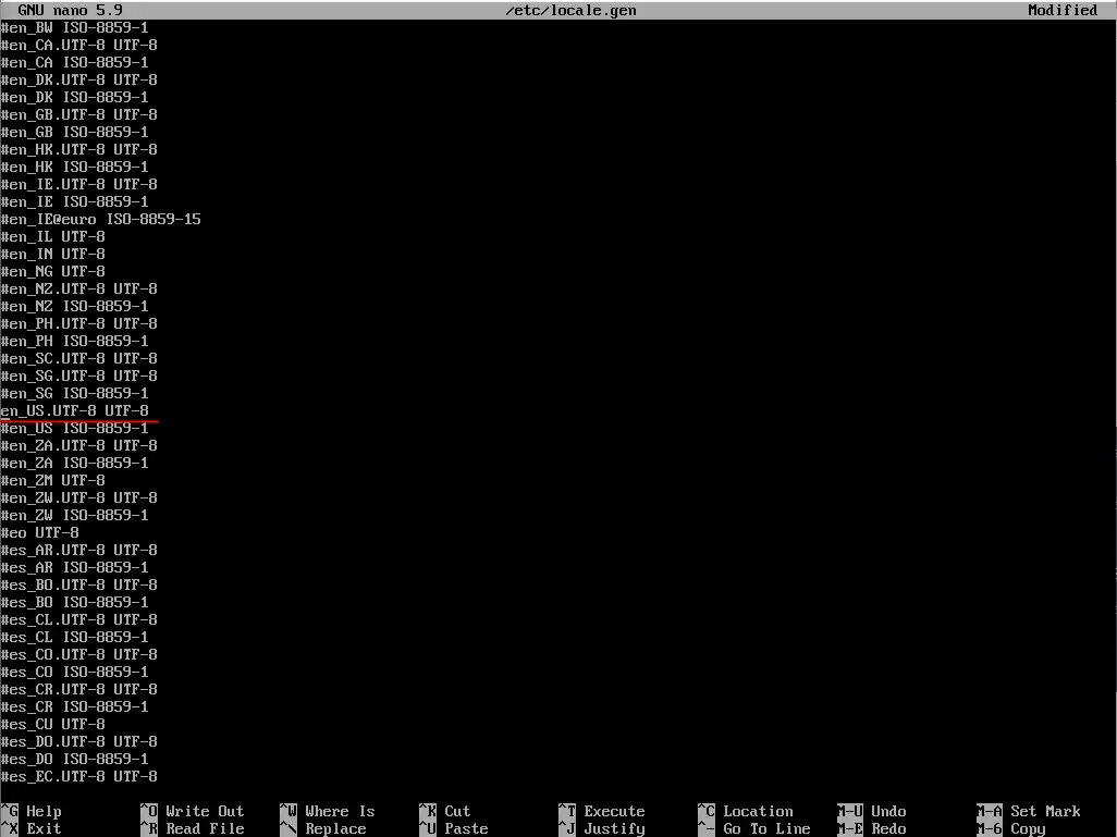The Nano text editor with a file called /etc/locale.gen open. Many locales
are listed, one-per-line. A red annotation line underlines en_US.UTF-8
UTF-8.