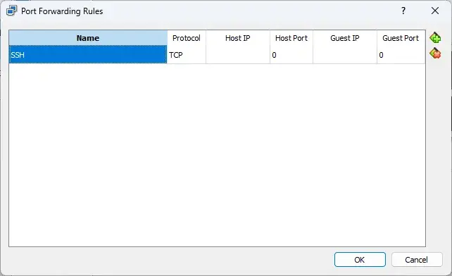 The Port Forwarding Rules settings in VirtualBox. A rule named “SSH” has been
added.