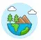 A clipart style icon. The bottom half is the bottom half of the globe. Upon it
sits two trees and two mountains. Above that are two
clouds.
