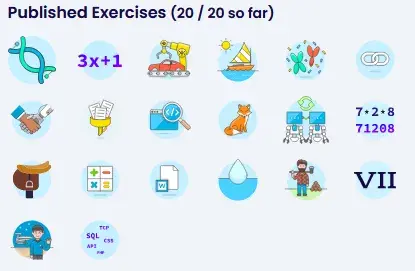 A screenshot from Exercism. The heading reads “Published Exercises (20 / 20 so
far).”