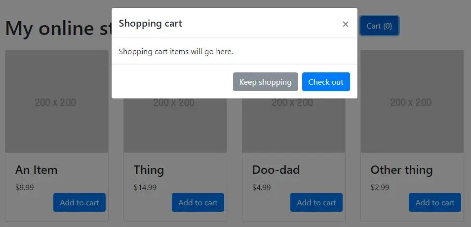 The modal appears when the "Cart" button is clicked.