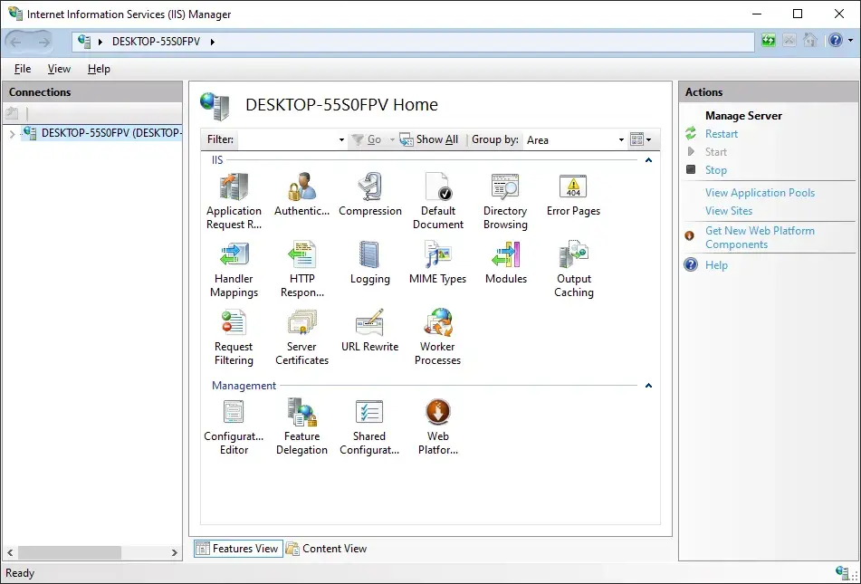 The main screen for IIS. The words "DESKTOP-55S0FPV Home" appear at the top.
Several panes and icons are available for managing the web
server.