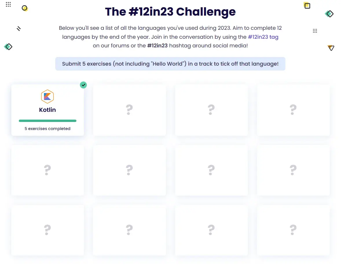 A screenshot of Exercism’s #12in23 Challenge dashboard. Twelve grid squares
appear. The first is filled in with Kotlin, a green checkmark, and the text “5
excercises completed”. The remaining eleven squares are empty except for a
question mark in each.