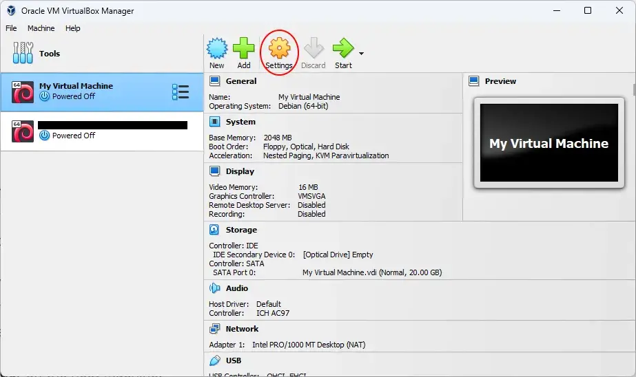 Screenshot of VirtualBox. A virtual machine is highlighted. A red annotation
circle surrounds the Settings
button.