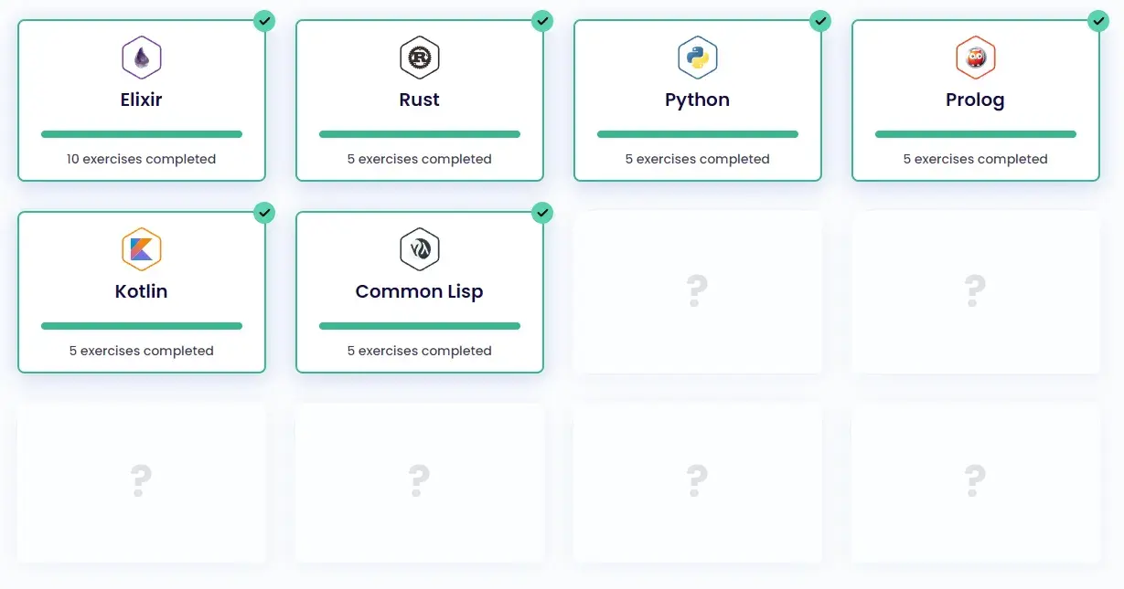 Exercism's #12in23 dashboard. Twelve grid squares are visible. Five are filled
in with Elixir, Rust, Python, Prolog, Kotlin, and Common Lisp. The remaining six
are empty.