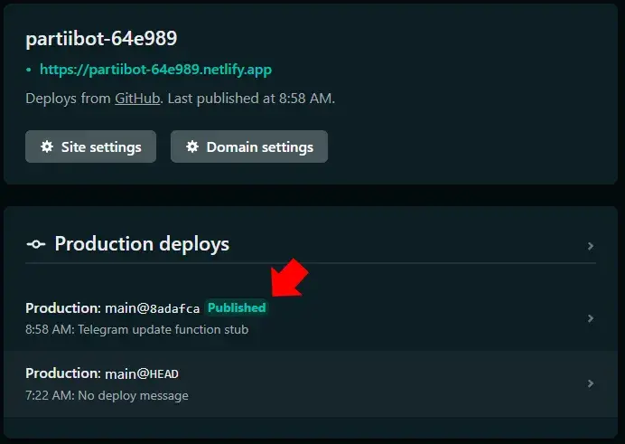 The Production deploys for a project on Netlify. A red annotation arrow points
to the Published tag associated with the most recent
deploy.