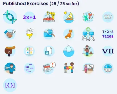 A screenshot from Exercism. The heading reads “Published Exercises (25 / 25 so
far).”