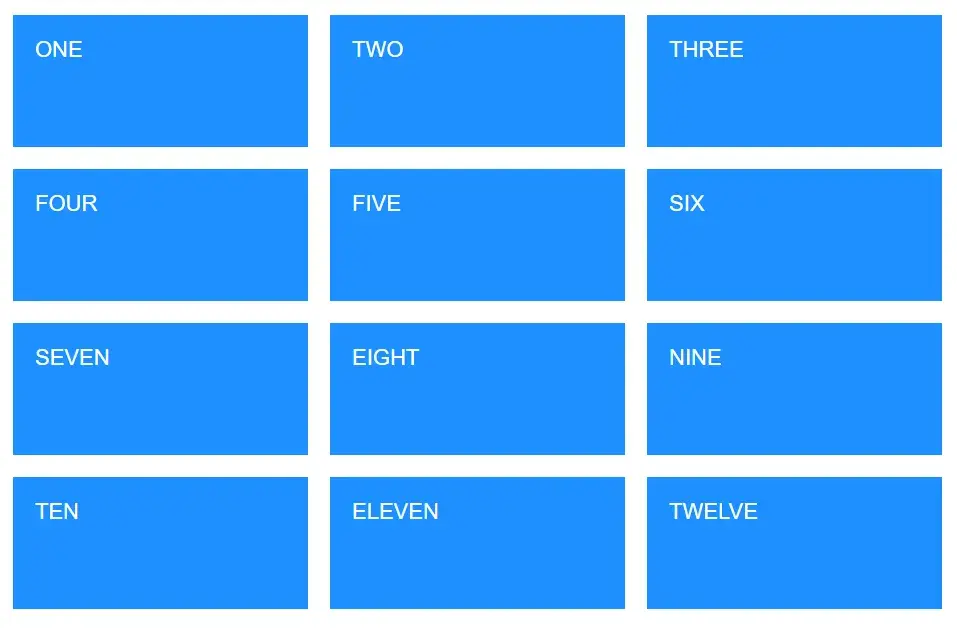 A 3 by 4 grid of rectangles labeled ONE through
TWELVE.