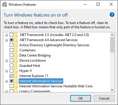 A screenshot of the Windows Features dialog. Internet Information Services is
"checked" with a square icon.