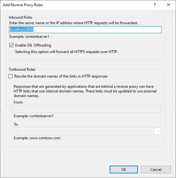 The Add Reverse Proxy Rules dialog. Under “Enter the server name…”,
localhost:3000 has been entered.