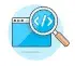 A clipart style icon of an application window. A magnifying glass is over it.
Inside the lense is the representation of code:
</>.