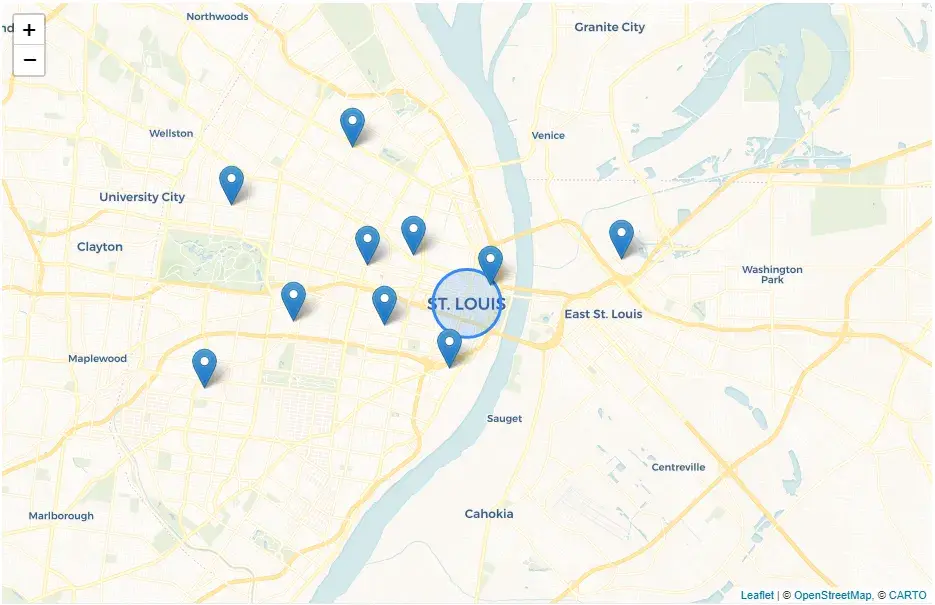A small blue circle outlined in blue and filled with transaprent blue appears
on the same map as the markers