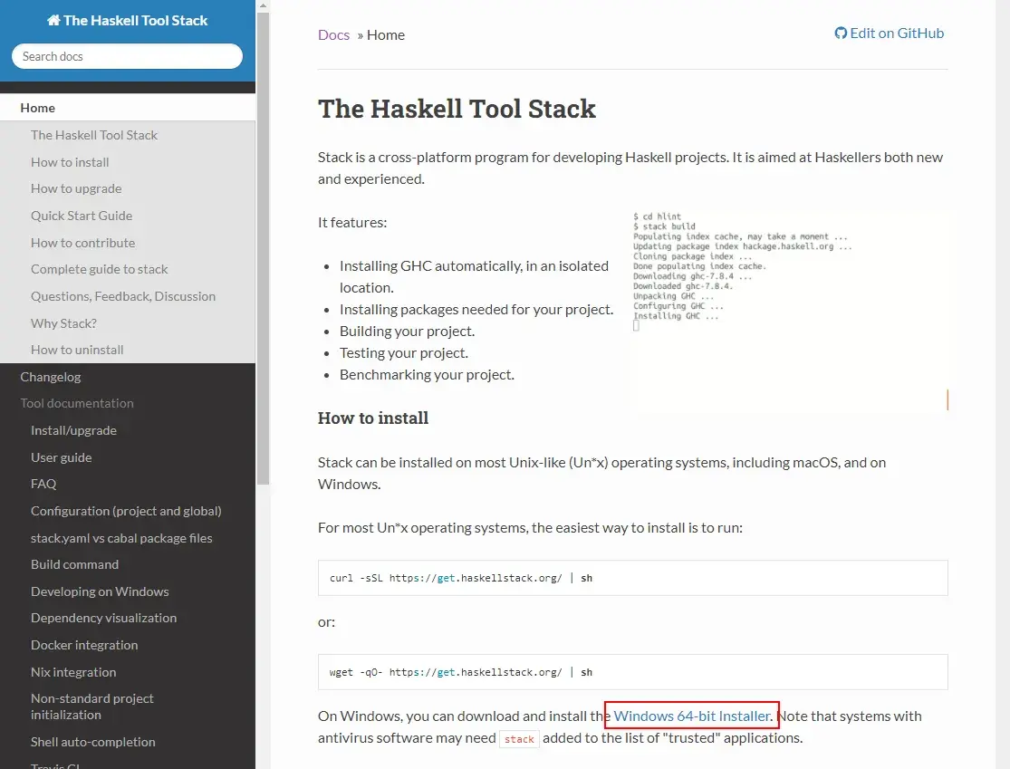 The official Haskell docs. A red annotation rectangle surrounds the text
"Windows 64-bit installer".