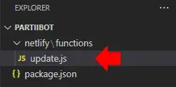 The file exporer in VS Code. A red annotation arrow points to a file called
update.js in the netlify/functions directory.