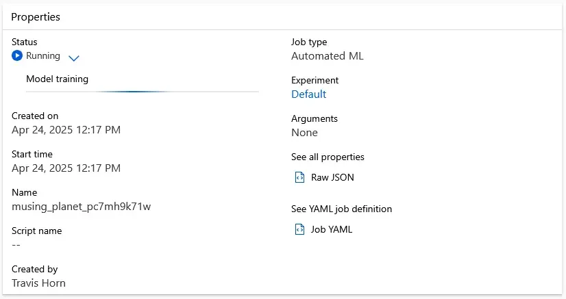 The properties of a submitted training job. The Status is Running. The created
on, start time, and more metadata are
visible.