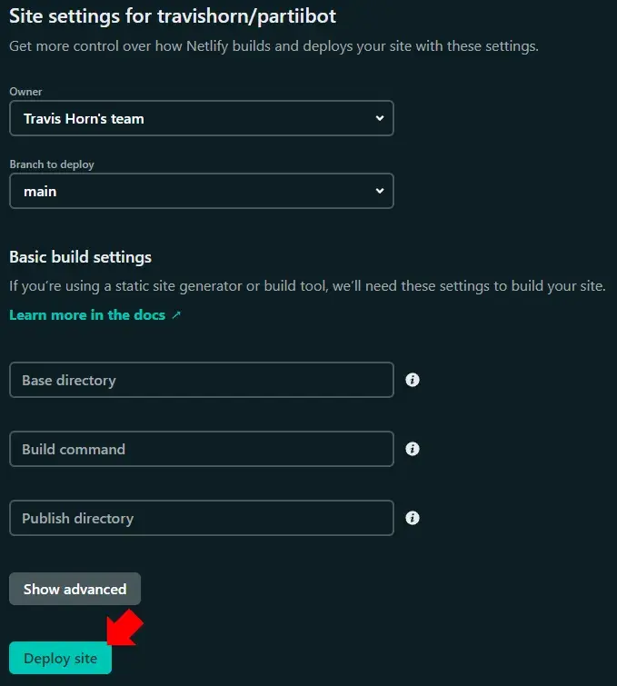 The bottom of the "Import" screen. A red annotation arrow points to the
"Deploy site" button.