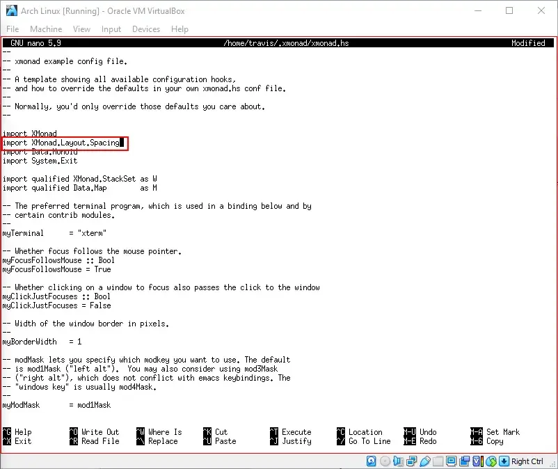 The Nano text editor editing /home/travis/.xmonad/xmonad.hs. A red
annotation rectangle surrounds the line import
XMonad.Layout.Spacing.