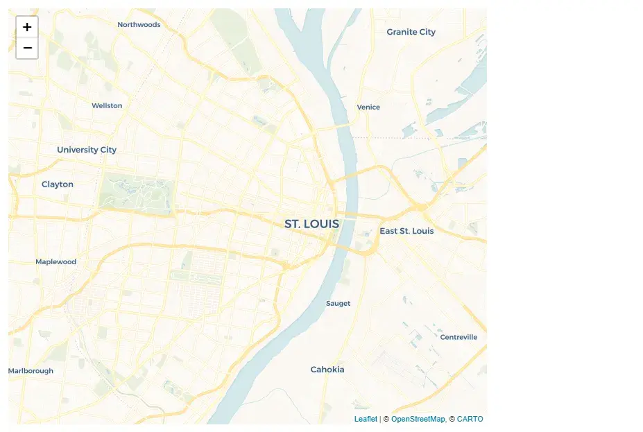 A top-down map view of Saint Louis, MO. Streets, rivers, and parks are
visible. Some municipality names are labeled with text
