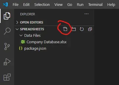The VS Code file explorer. A red annotation circle surrounds the “New File”
icon.