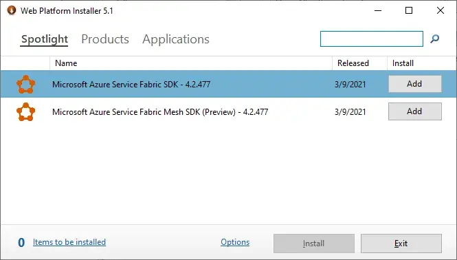 The Web Platform Installer 5.1 dialog window. A search box appears at the top.
Results are in the middle, and an Install button is at the
bottom.