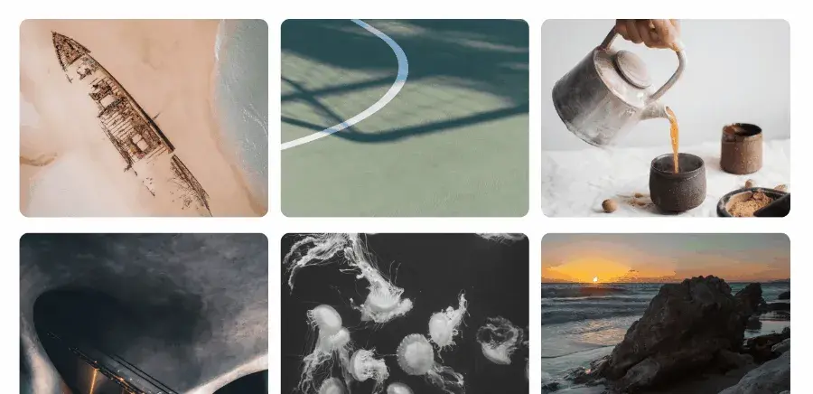 A 3 by 2 grid-based responsive photo gallery with rounded corners on each
photo.