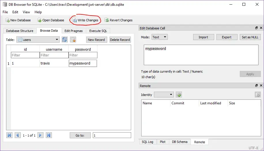 A screenshot of DB Browser for SQLite. It is open to a table called users
with a single row showing 1, travis, mypassword for id, username, and
password. A red annotation circles the Write Changes
button