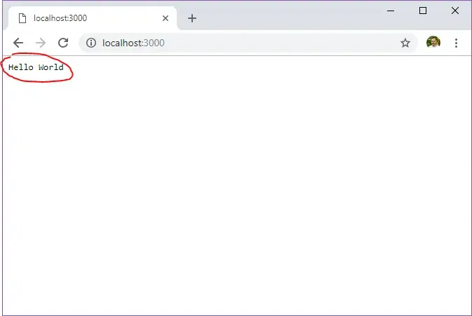 A screenshot of Chrome web browser viewing localhost:3000. Unstyled text
reading "Hello World" is visible. A red annotation circle appears circling the
"Hello World" text