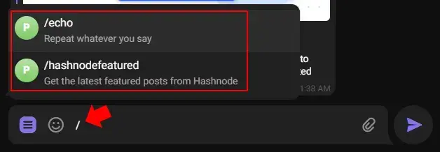 A Telegram conversation. The user has typed "/" and a menu has opened with
options for "/echo" and "hashnodefeatured" and their respective
descriptions.