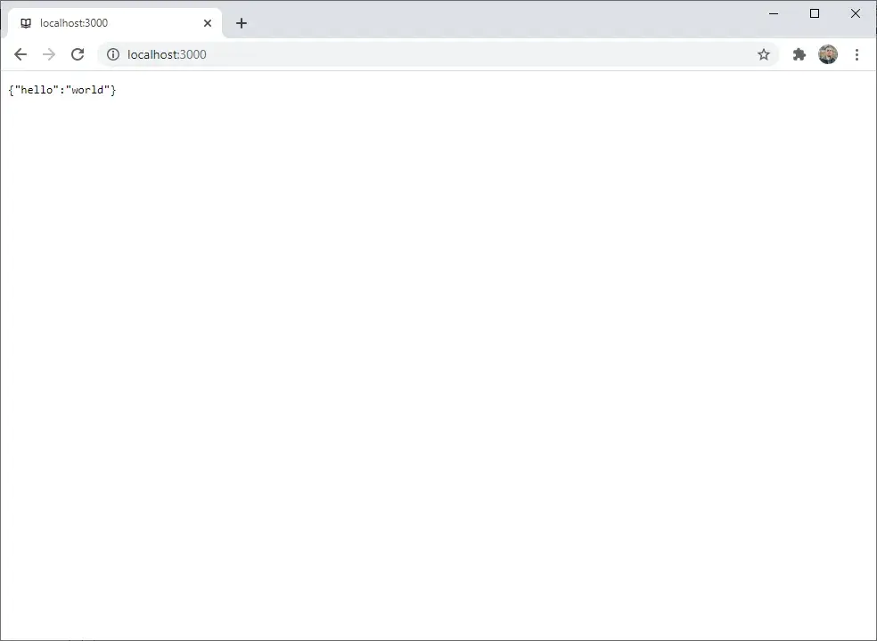 A Chrome web browser window open to localhost:3000. The rendered page is black
text on a white background reading {"hello":
"world"}.