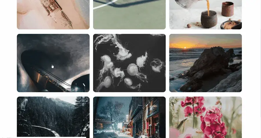 A screenshot of a fully designed photo gallery with a 3 by 6 grid of photos
with rounded corners.