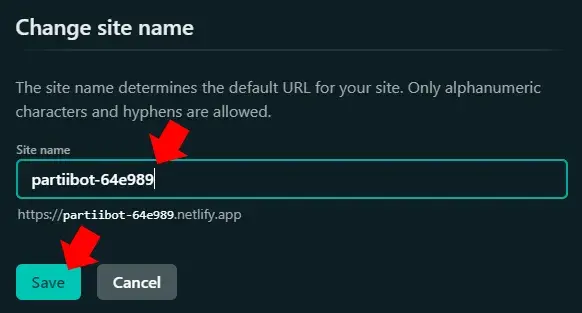 partiibot-64e989 has been entered in the “Site name” box and a red
annotation arrow points to the “Save” button.