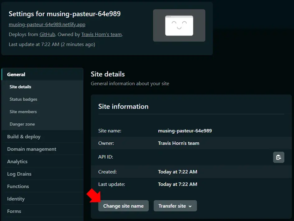 The project settings in Netlify. A red annotation arrow points to the "Change
site name" button.