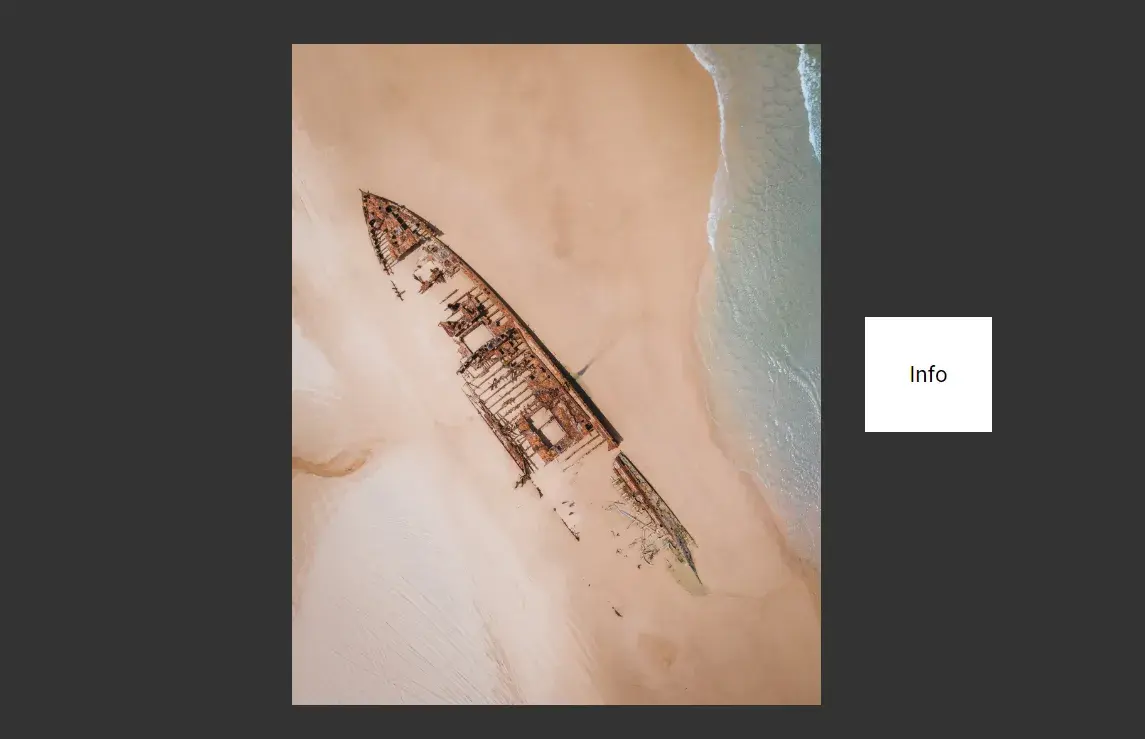 A photo of a deteriorating beached ship centered on a page with a dark
background. To the right of the photo is a white box with black text reading
“Info”.