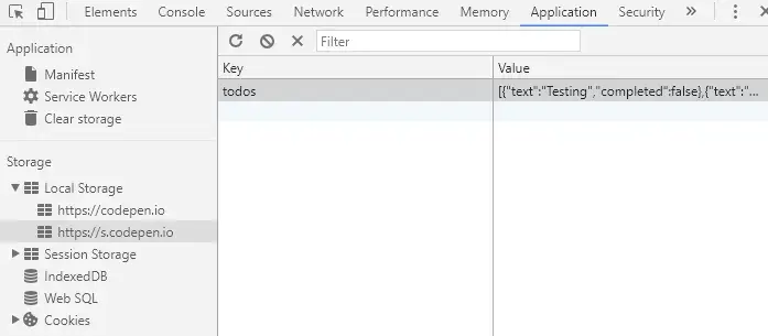 A screenshot of Chrome’s DevTools open to the Application tab. Local Storage
is expanded and an entry with the key “todos” is visible with JSON data in the
value.