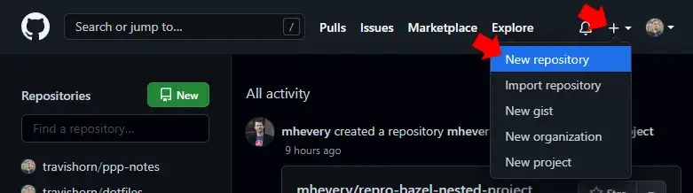 A screenshot of GitHub. Red annotation arrows point to the Plus icon and to
the New repository option under it.