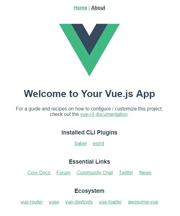 A screenshot of the default Vue app. Includes the Vue logo and some links to
documentation.