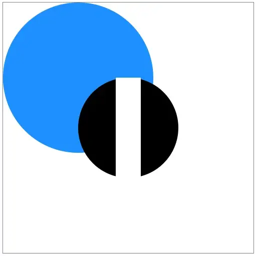 A filled black circle slightly overlapping a filled blue circle. A white
vertical rectangle cuts all the way through the black circle, but also bleeds
into the blue circle, as the rectangle has a flat top in contrast with the black
circle’s curved top