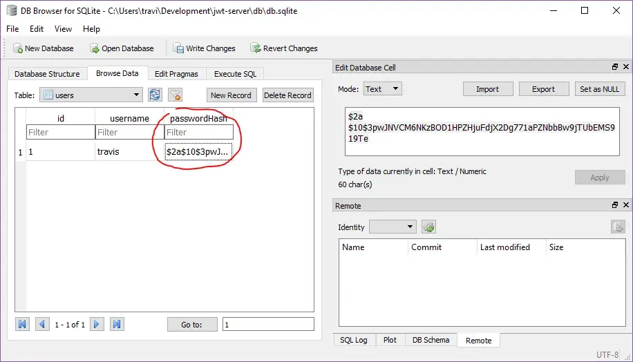 A screenshot of DB Browser for SQLite similar to the one from before, but the
column password has been replaced with passwordHash. The password hash above
has been pasted into the passwordHash column