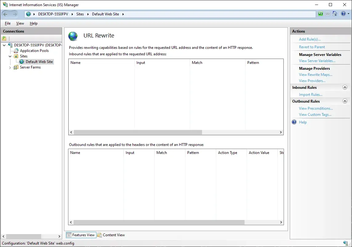 The URL Rewrite pane in the middle is visible. There are empty sections for
Inbound rules and Outbound rules.