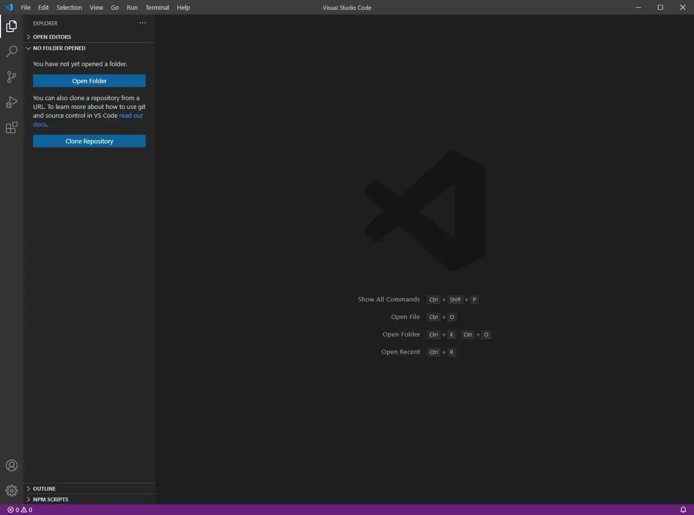 A screenshot of a new VS Code window. No project or files are
open.