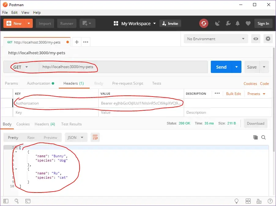 A screenshot of Postman issuing a GET request to
http://localhost:3000/my-pets. The headers contain an Authorization key set to
Bearer eyjh.... The response is a JSON array with two objects representing
pets, including their name and species
