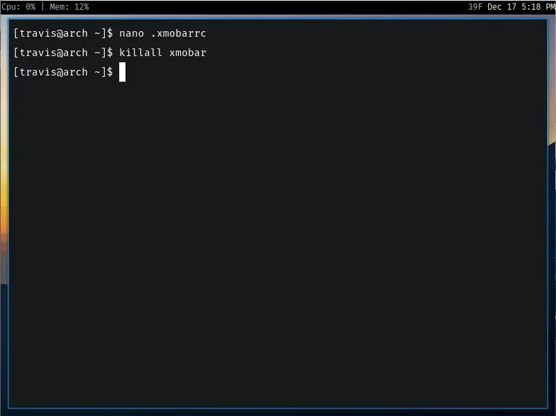 A Linux desktop. A black bar appears at the top displaying Cpu: 0% | Mem:
12% on the left and 39F Dec 17 5:18 PM on the
right.