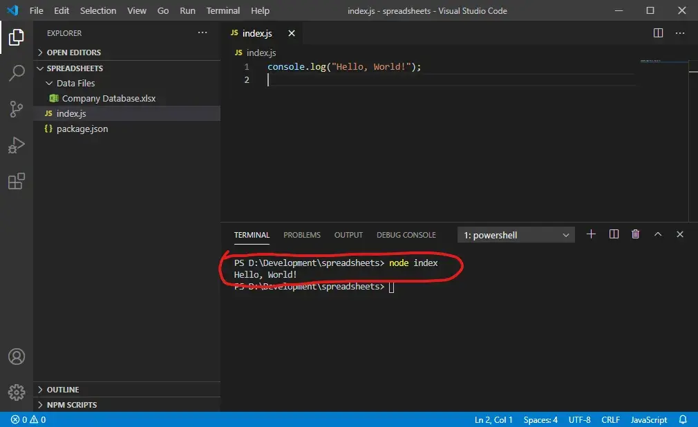 A screenshot of VS Code. The Terminal window is open inside it. A red
annotation circle surrounds the entered command node index and it's output
Hello, World!.