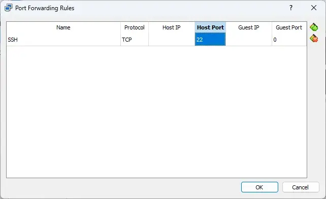 The Port Forwarding Rules settings in VirtualBox. The Host Port for a rule
named SSH has been set to
22.