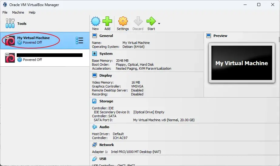Screenshot of VirtualBox. A red annotation circle surrounds the name of a
virtual machine.