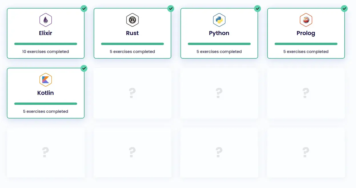 Exercism's #12in23 dashboard. Twelve grid squares are visible. Five are filled
in with Elixir, Rust, Python, Prolog, and Kotlin. The remaining seven are
empty.
