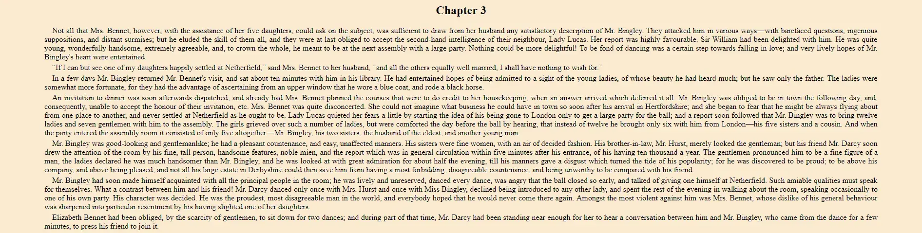 The beginning of Chapter 3 in Jane Austen's Pride and Prejudice as seen on
Project Gutenberg